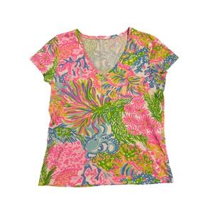 Lilly Pulitzer Michele V Neck Short Sleeve Multicolor Floral Octopus Womens L